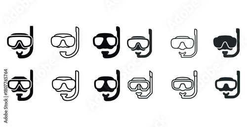 Set of diver icons featuring snorkel masks and breathing tubes in various styles