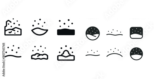 Minimalist weather icons depicting snowfall scenes in black and white