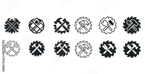 Black and white circular tool icons featuring hammers and saws