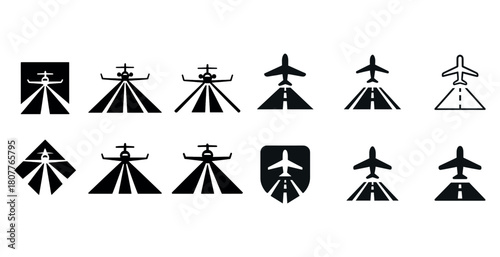 Airplane traffic symbols collection: diverse runway and flight path icons