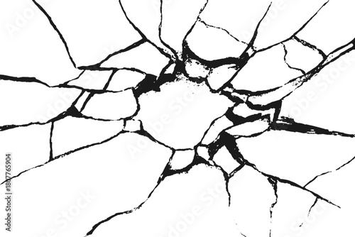 Cracked glass bullet impact vector texture with large fragments and realistic shatter details. Abstract broken surface forms radial cracks suitable for background or effects.