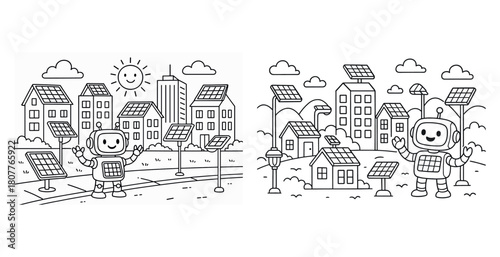 Robots and solar panels in futuristic eco-friendly cities