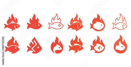 Set of red fire fish icons with various flame designs