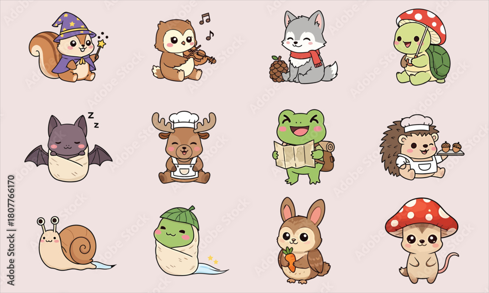 Obraz premium Cute Forest Animals Cartoon Set | Kawaii Woodland Creatures for Stickers, Kids Products & Nursery Art