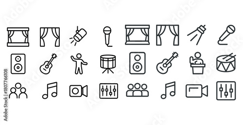 Music and performance icons set featuring instruments and microphones