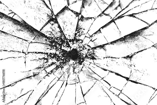 Glass shatter texture vector cracked background with halftone detail. Abstract radial bullet hole pattern for comic or poster art.