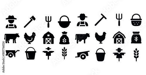 Farm icon set: tools, animals, barns, crops, and farmer silhouettes