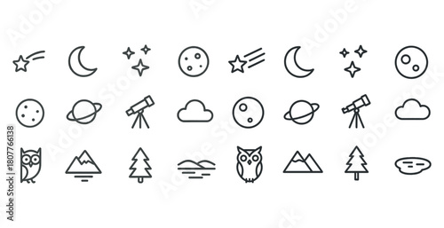 Collection of space and nature themed line art icons in minimalist style