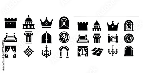 Collection of black silhouette icons featuring royal and architectural elements
