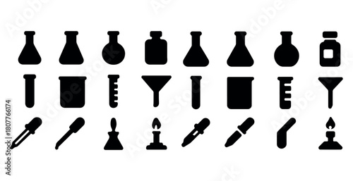 Silhouettes of laboratory equipment icons: flasks, beakers, pipettes, and bunsen burners