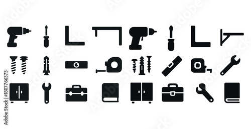 Black icons of tools and furniture elements including drill, screwdriver, wrench, and measuring tape