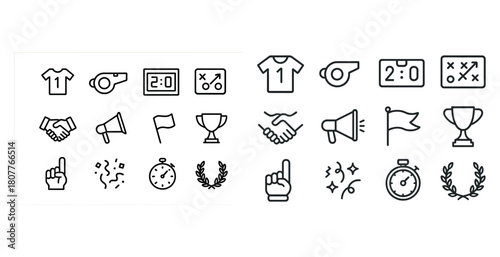Soccer icons set: jersey, whistle, scoreboard, strategy, trophy, celebration