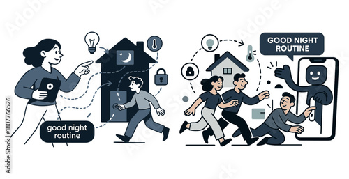 Family good night routine with technology in smart home setting