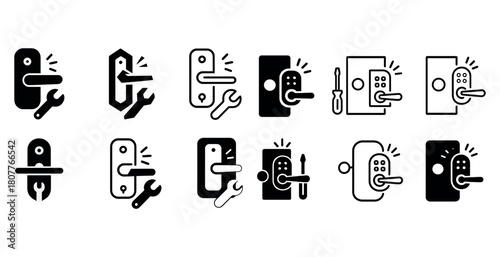 Black and white door lock repair icons featuring tools and keypads