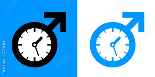 Male biological clock - symbol of man gender and sex symbol, sign and pictogram with clocks. Ageing / aging and decline of fertility and sterility. Men and stamina and endurance. Vector illustration.