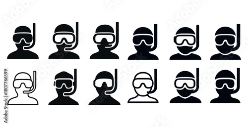Diverse snorkeler icon set with masks and snorkels in various styles