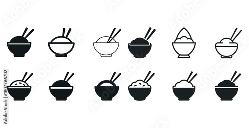 Minimalist icon set of diverse rice bowls with chopsticks