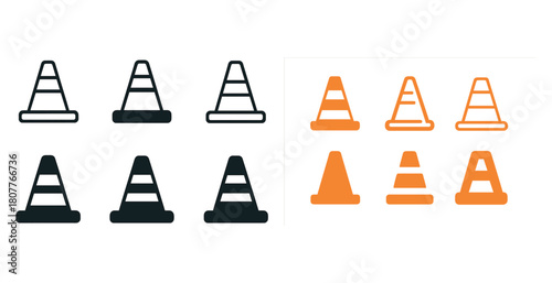 Variety of traffic cone icons in black and orange