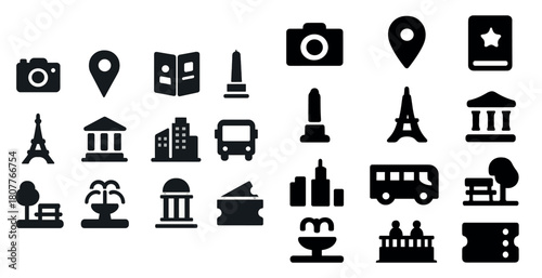 Black and white travel and architecture icon set featuring landmarks and transportation