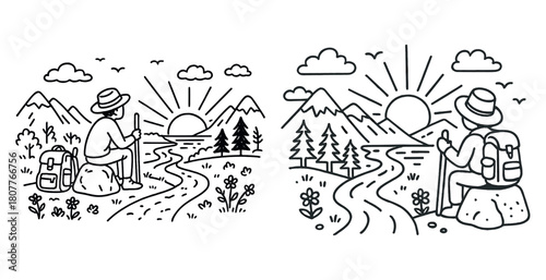 Male adventurer hiking through mountains at sunrise with backpack and walking stick