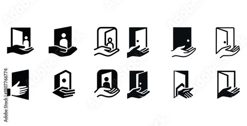 Collection of door handle icons with hand and person in monochrome style