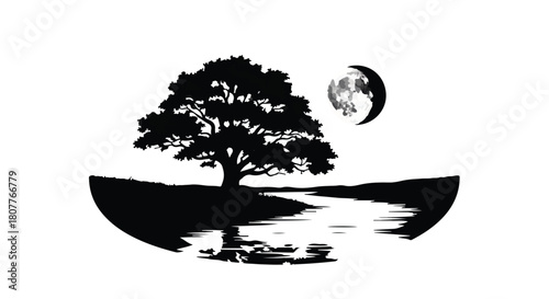 Serene landscape with a majestic tree reflecting in a calm river under a luminous moonlit sky
