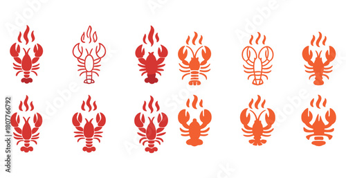 Collection of stylized lobster illustrations in various red and orange designs
