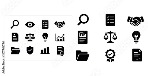 Business icons set: magnifying glass, scales, handshake, lightbulb, documents
