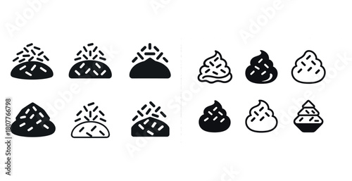 Monochrome icon set of rice balls and swirl designs with sprinkles