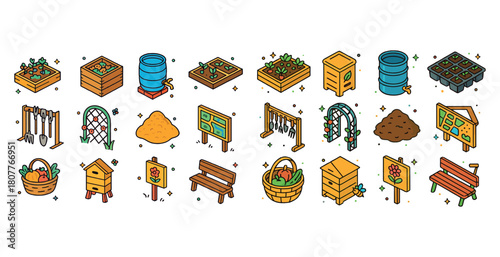 Colorful garden icons collection featuring tools, plants, and structures