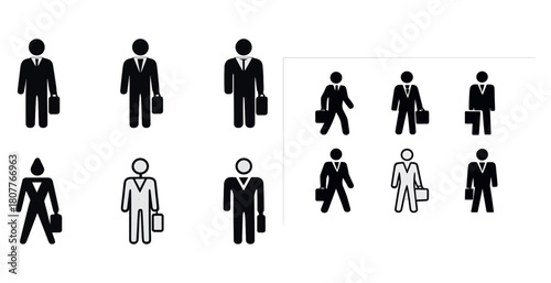 Business icon set featuring male silhouettes in suits with briefcases