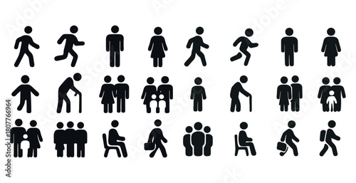 Silhouette icons of people in various activities and poses
