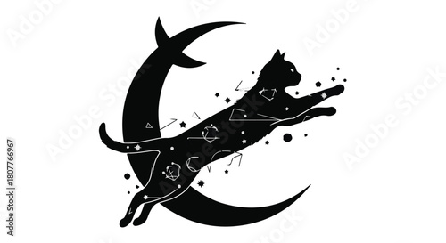 Mystical black cat leaps across a celestial crescent moon with cosmic symbols.