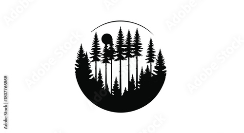 Serene circular silhouette of a dense pine forest under a full moon.