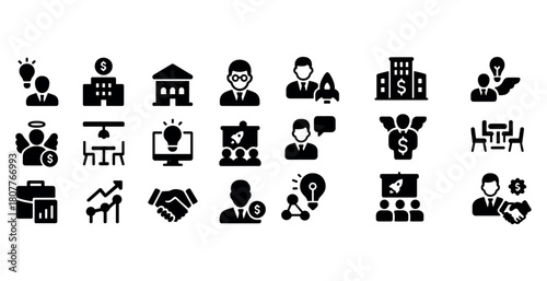 Set of business and marketing icons featuring teamwork, innovation, and financial growth