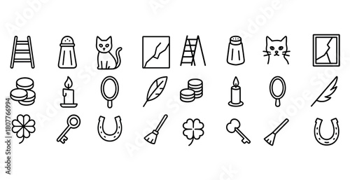 Collection of minimalistic line art icons featuring animals objects and symbols