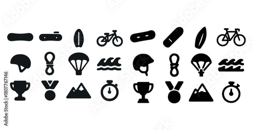 Outdoor adventure icons: sports equipment symbols including bicycle and surfboard