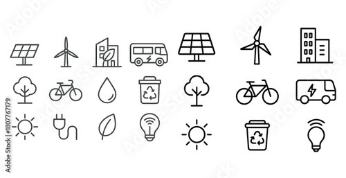 Eco-friendly icons set: solar, wind, recycling, and green energy symbols