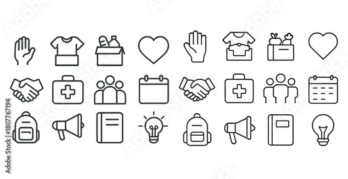 Volunteer and charity icons: heart, hand, clothing, aid kit, community, calendar, backpack, megaphone, book, bulb