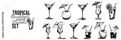 Tropical cocktail drink doodle hand drawn illustration. Retro vintage glasses with fruit and umbrellas for bar menu, summer beverage art.