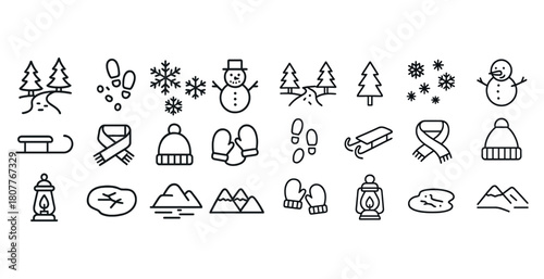 Winter icon set: snowman, snowflakes, mittens, trees, winter activity symbols