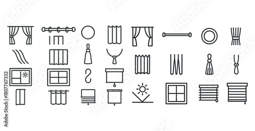 Home window blinds and curtains line icons set