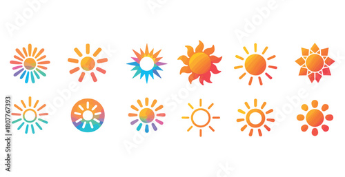 Colorful sun icon set with diverse geometric patterns and radiant designs