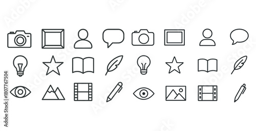 Simple black line icons set of photography, communication, and creativity elements