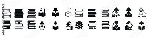 Icon set of books and reading activities in black silhouette style
