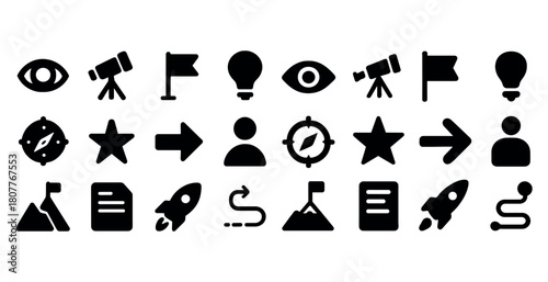 Collection of various bold icons including telescope, flag, and rocket designs