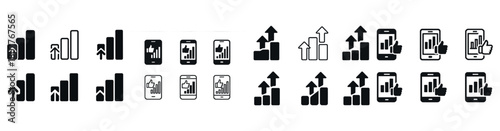 Data analytics icons: growth charts and smartphone metrics
