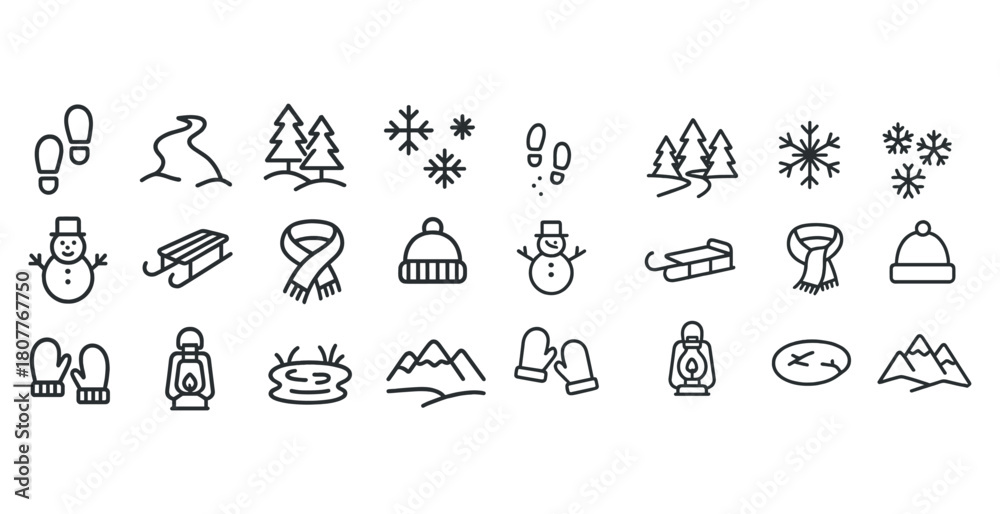 Fototapeta premium Winter icons: snowman, mittens, scarf, sled, trees, snowflakes, lantern, footprints