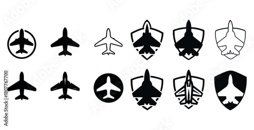 Silhouette icons of military jets in various styles and shields