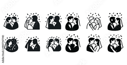 Silhouettes of couples embracing and kissing: love, romance, weddings